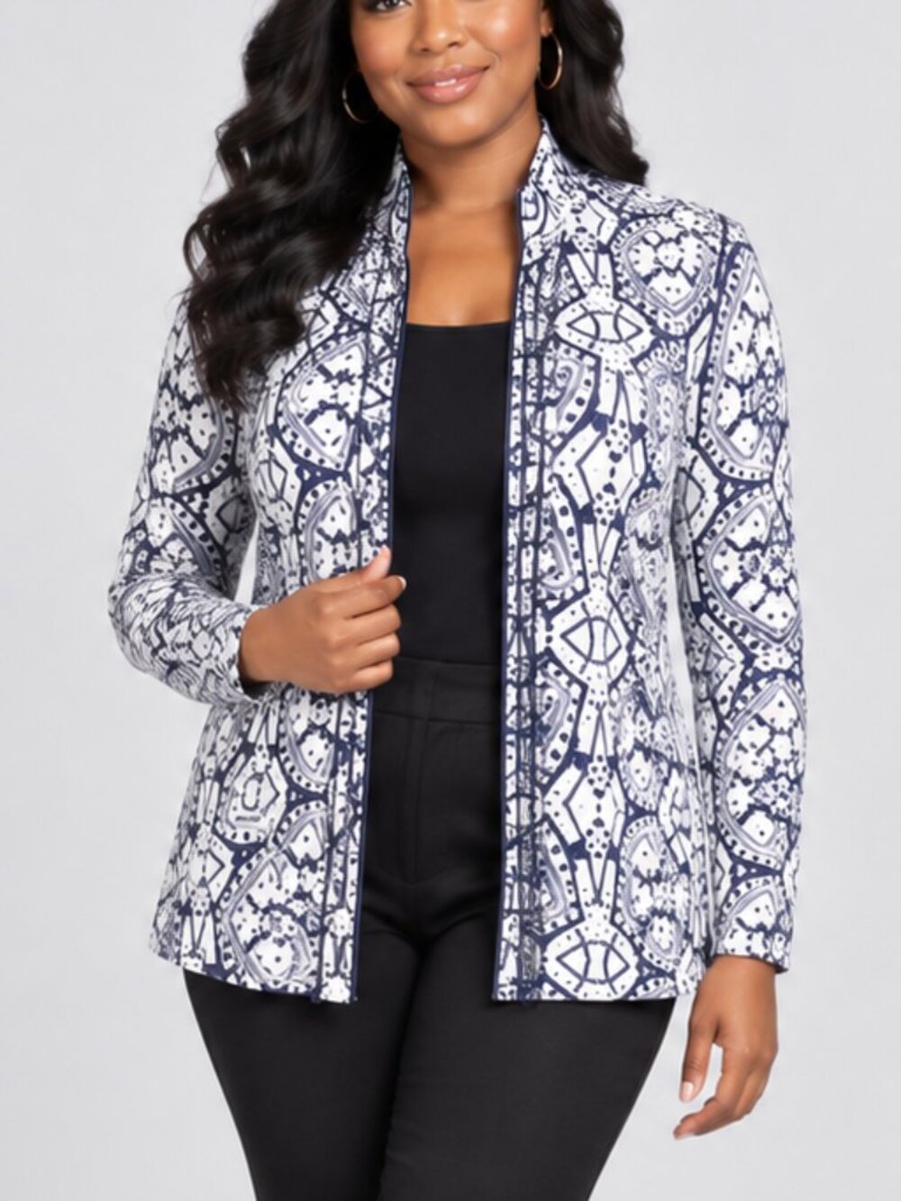 ASTR Women Open Front Black White Geometric Print Shawl Cardigan Blazer Medium